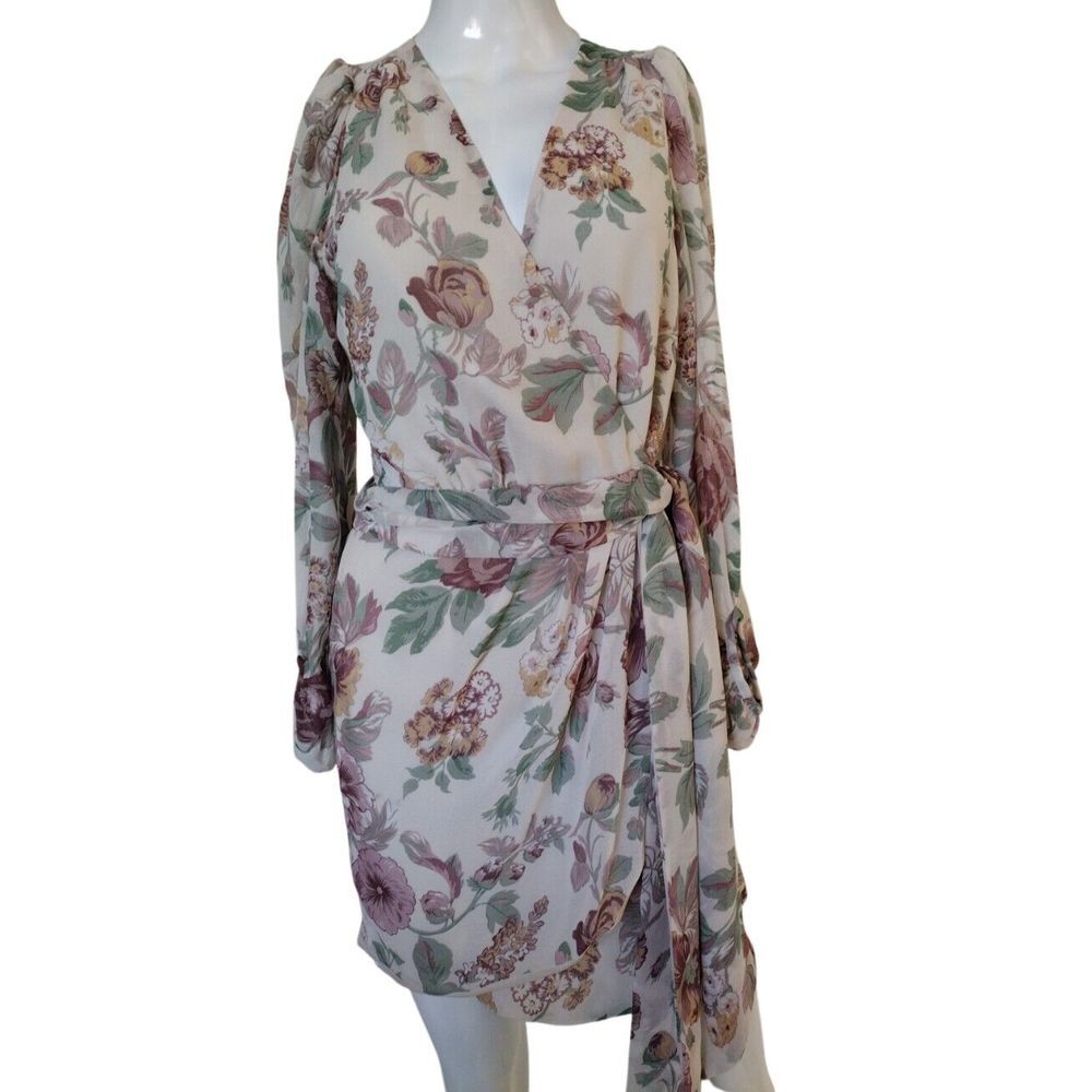 Dress Forum Wrap Dress Woman's S‎ Pink Beige Floral Long Balloon Sleeve Mini